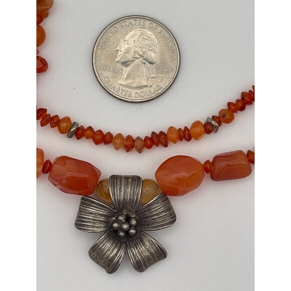 Orange Assorted Shape Beads Necklace Metal Flower Center Pendant 18" - Picture 6 of 6